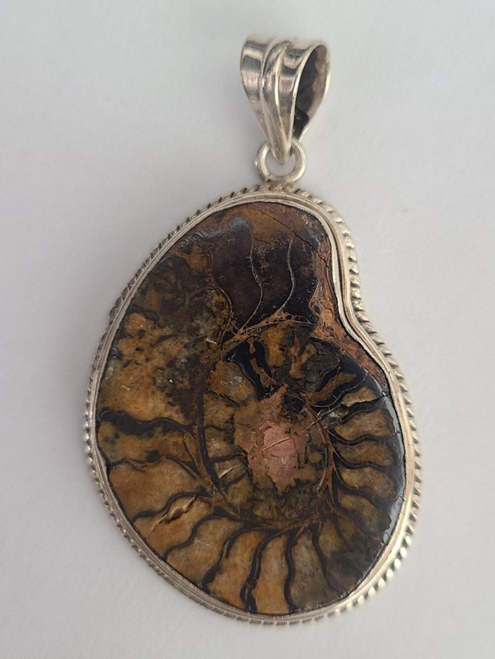 Sterling Silver Mounted Ammonite Spiral Fossil Pendant
